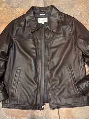 Perry Ellis Dark Brown Lambskin Leather Bomber Jacket